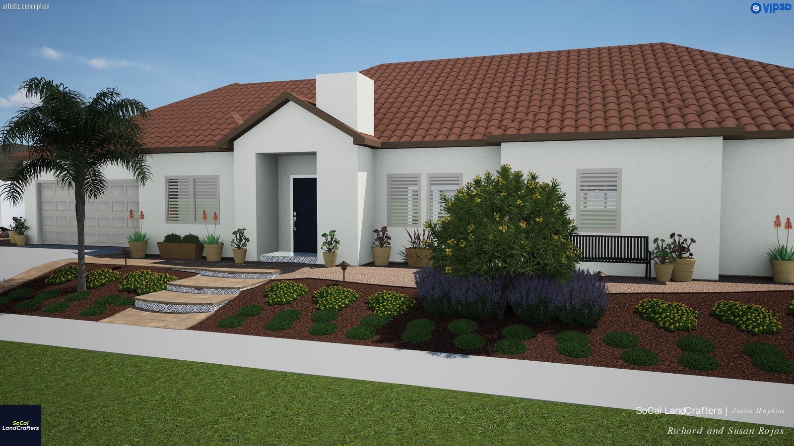 Rendering of the new front entry walk and drought-tolerant planting