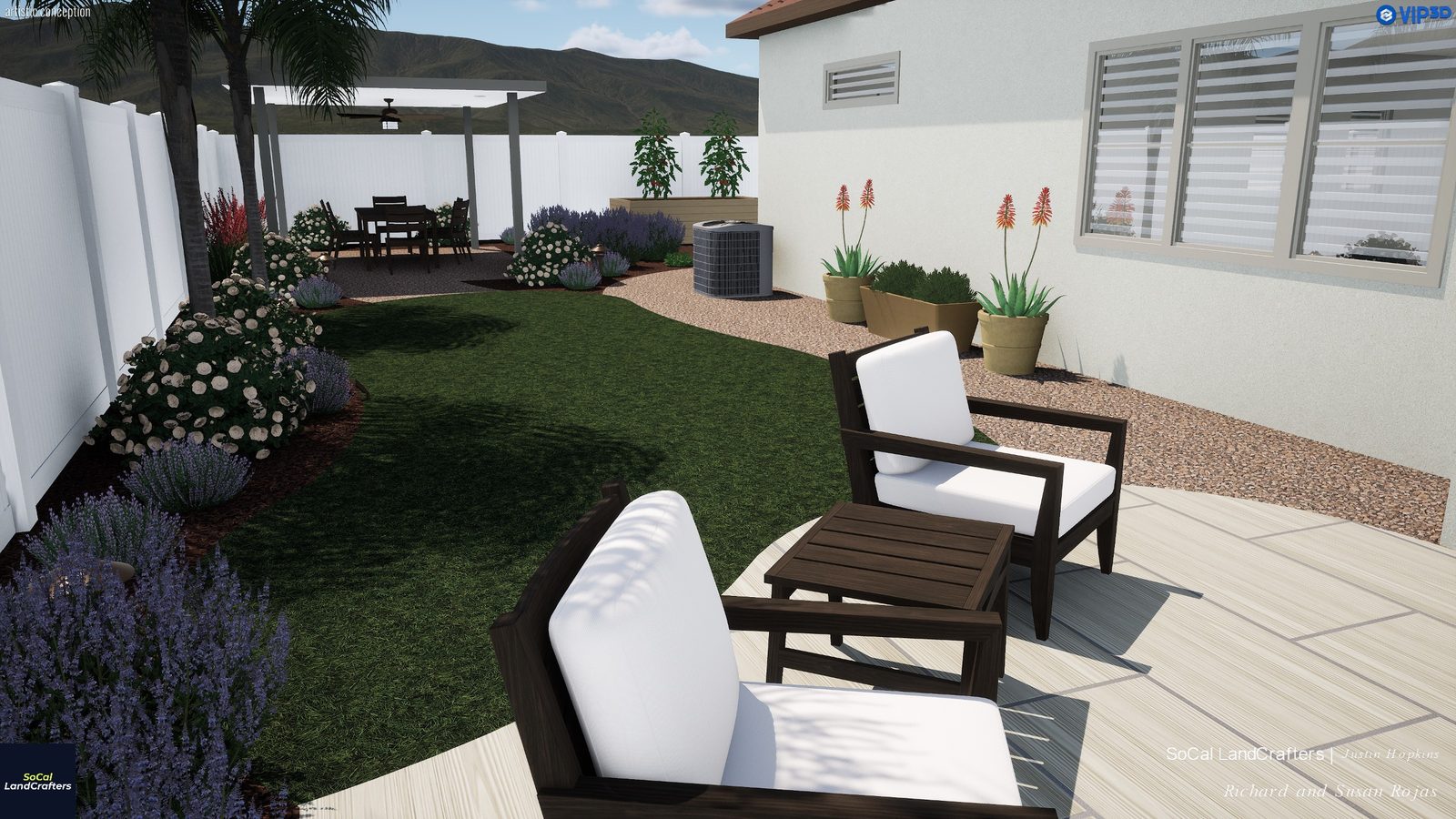 Rendering of the lawn, lounge chairs and covered dining patio with flowering borders