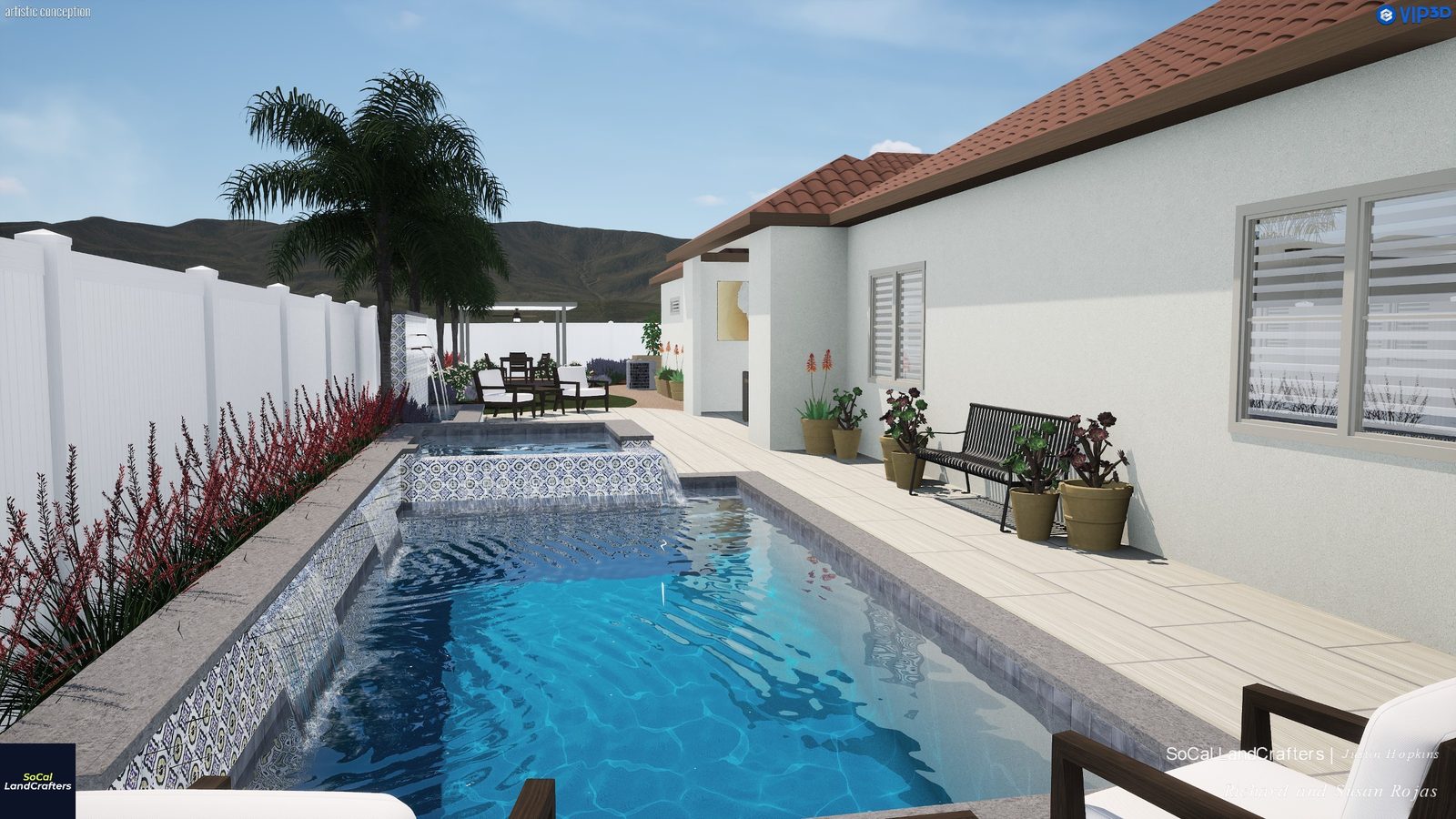 3D rendering of a tiled pool and raised spa in an Escondido backyard