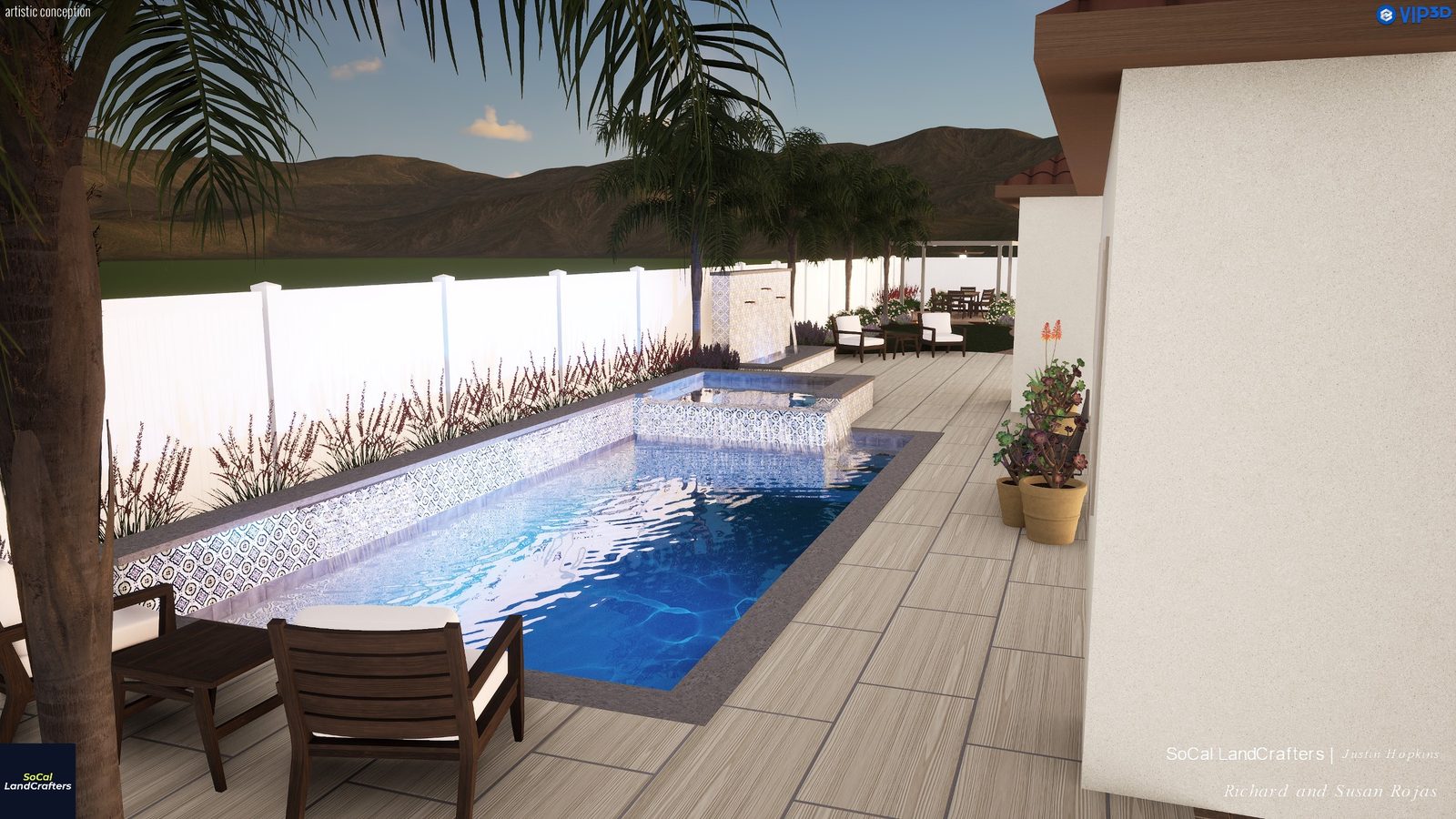Twilight rendering of a pool and patio in Escondido looking toward the mountains