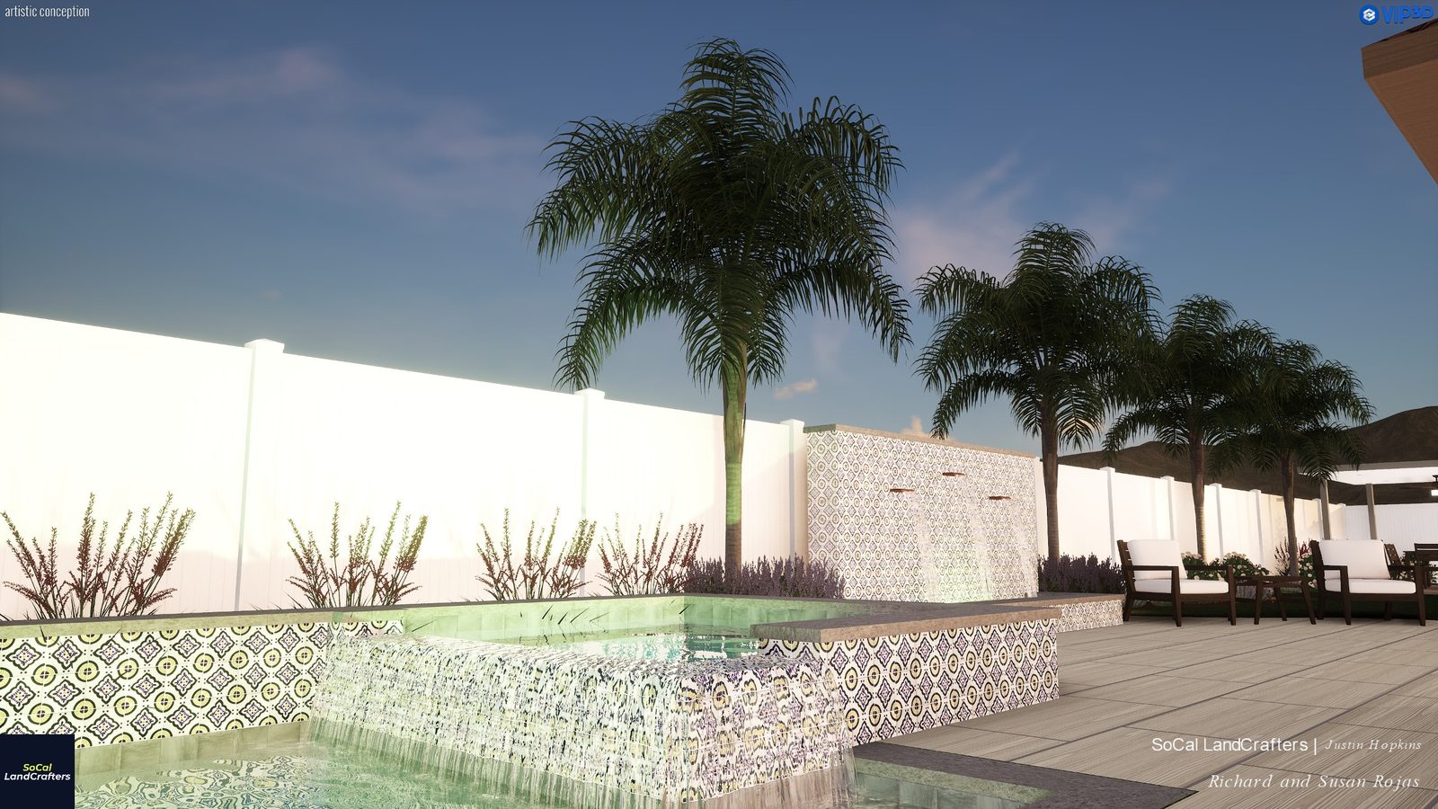 3D night rendering of a lit spa spillway and tiled water wall