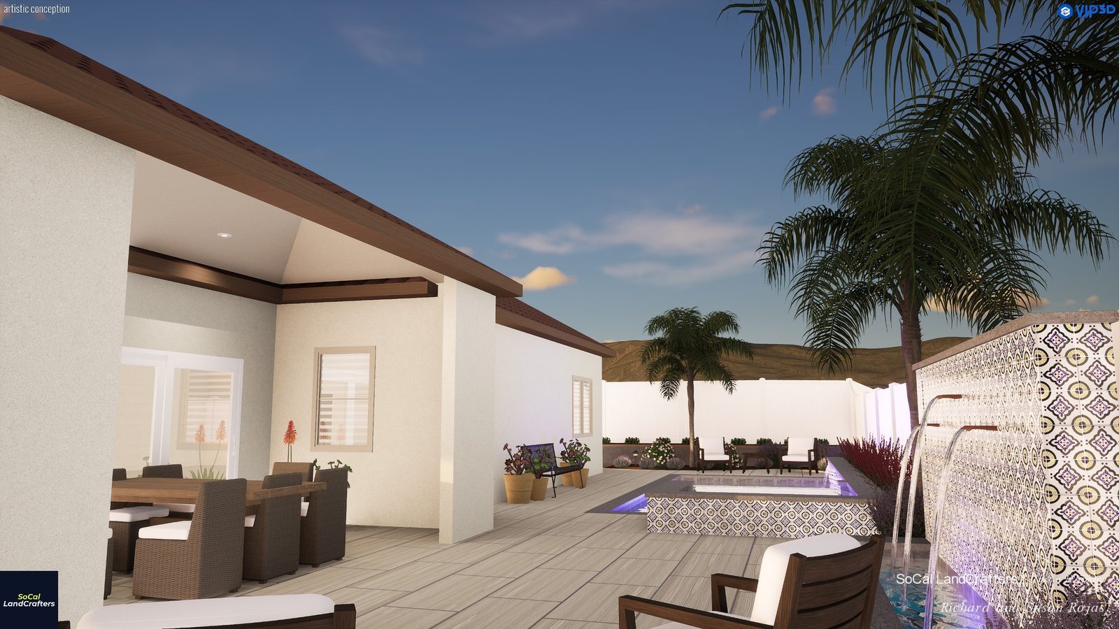 3D sunset rendering of a covered patio with warm lighting