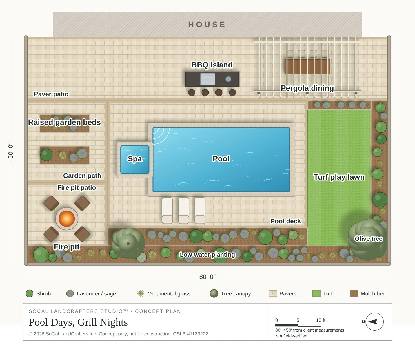 Sample concept layout plan of a backyard with pool, patio and lawn