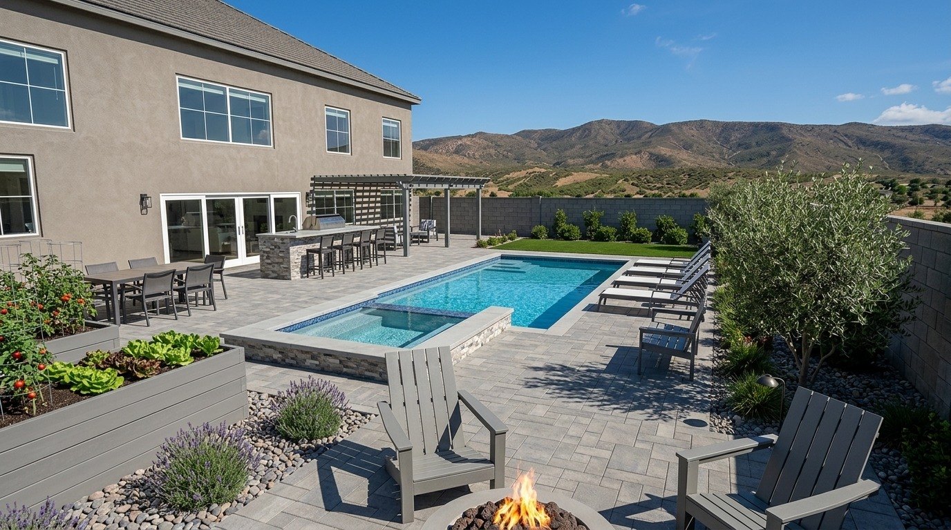 Sample concept view of a backyard: pool with a raised spa, pergola over a dining table, BBQ island, fire pit and lawn