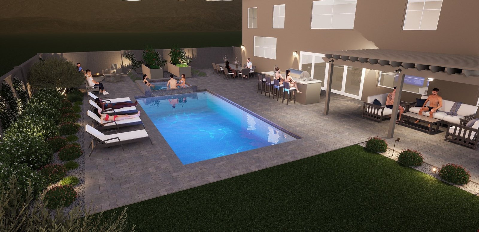 Sample 3D design of a backyard in the evening: lit pool and raised spa, outdoor kitchen with bar seating, pergola lounge, fire pit and lawn