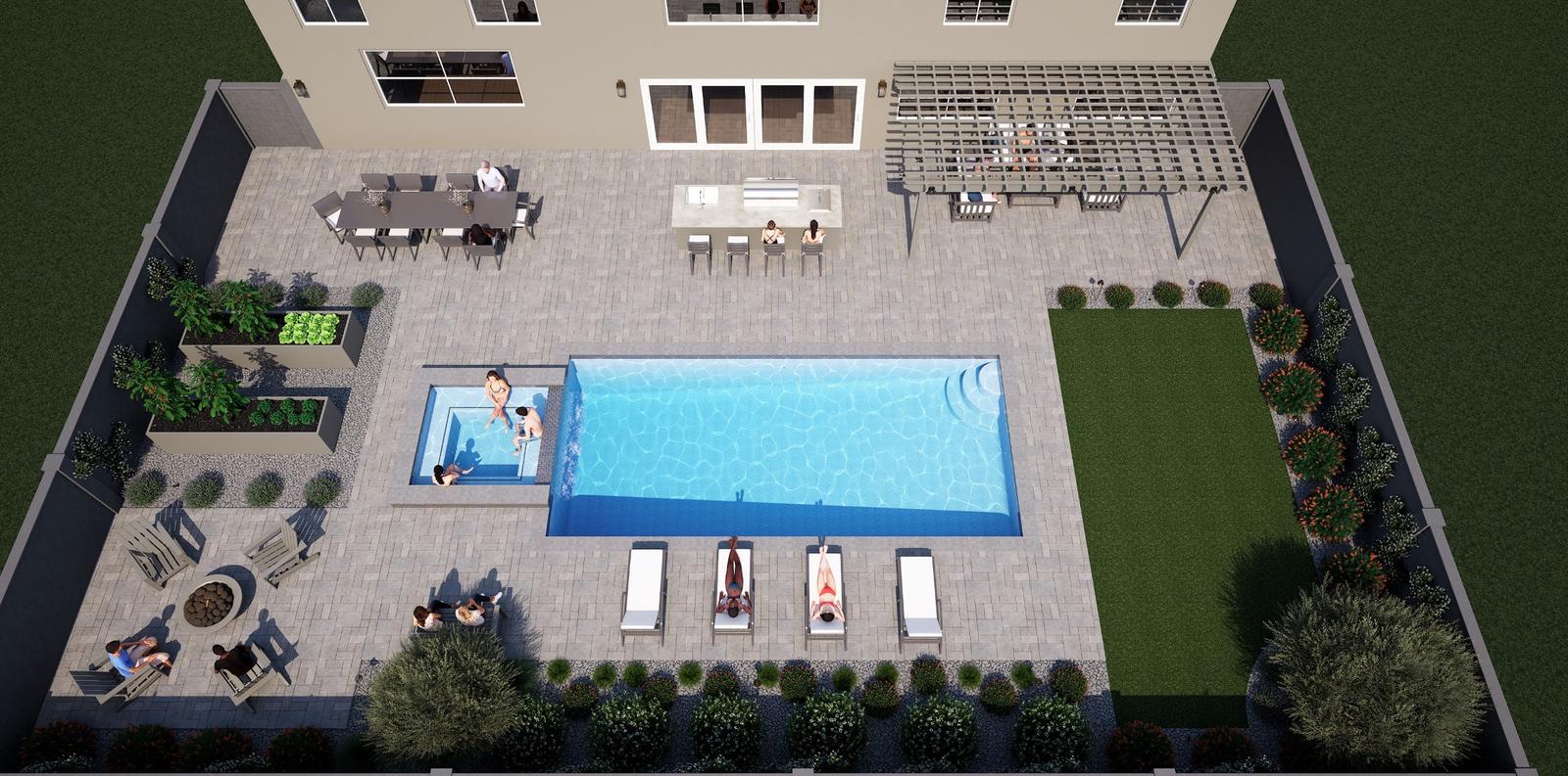 3D view of an example backyard by day: pool and raised spa, aluminum patio cover, BBQ island, fire bowl and lawn