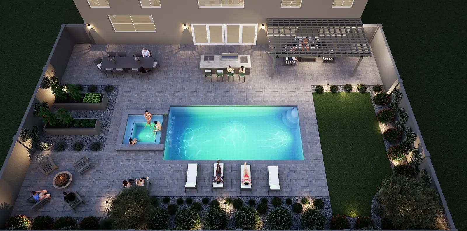 3D view of an example backyard at dusk: pool and raised spa, patio cover, BBQ island, fire bowl and lit lawn